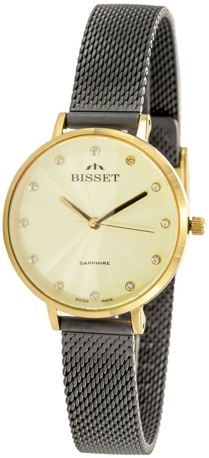 Bisset BSBF30 – elegancki damski zegarek szwajcarski z mechanizmem kwarcowym, złotą kopertą, cyferblatem zdobionym cyrkoniami, szafirowym szkłem i bransoletą G-Link z mikroregulacją.1.jpg